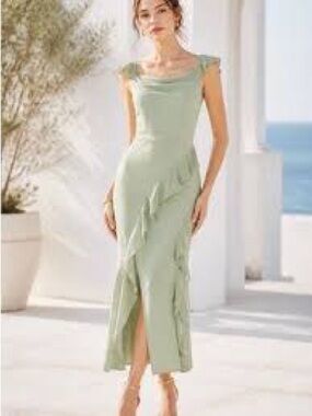 Grace Karin Light Sage Green Ruffle-Trim Midi Dress